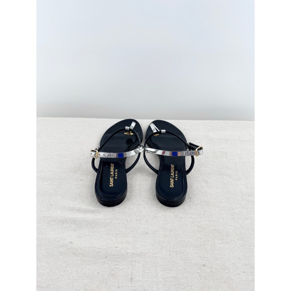 Saint Laurent Cassandra Patent Leather YSL Logo Thong Sandals Silver Black 36.5 - Picture 6 of 8